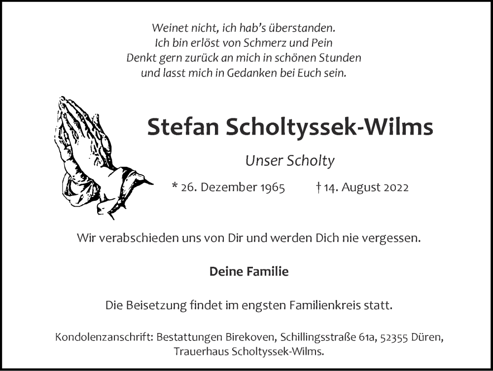 Traueranzeigen von Stefan ScholtyssekWilms Aachen gedenkt