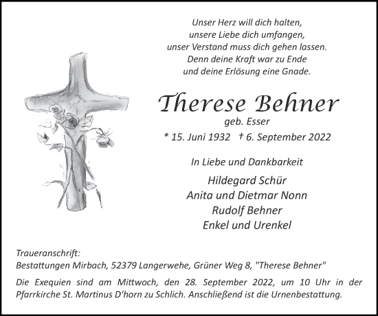 Traueranzeige von Therese Behner von Zeitung am Sonntag