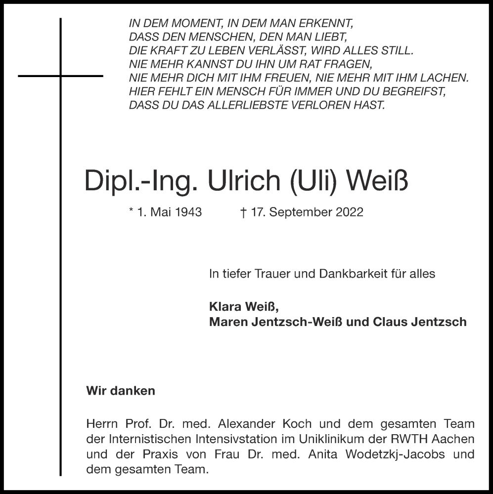  Traueranzeige für Ulrich Weiß vom 24.09.2022 aus Aachener Zeitung / Aachener Nachrichten