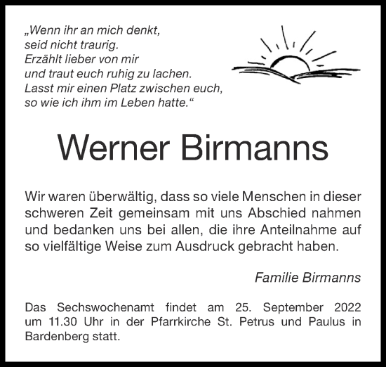 Traueranzeige von Werner Birmanns von Zeitung am Sonntag