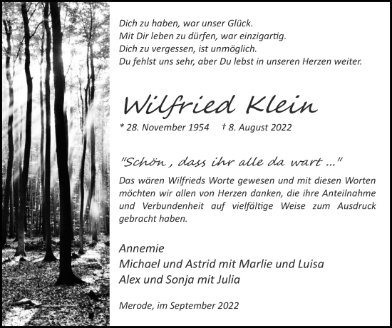 Traueranzeige von Wilfried Klein von Zeitung am Sonntag