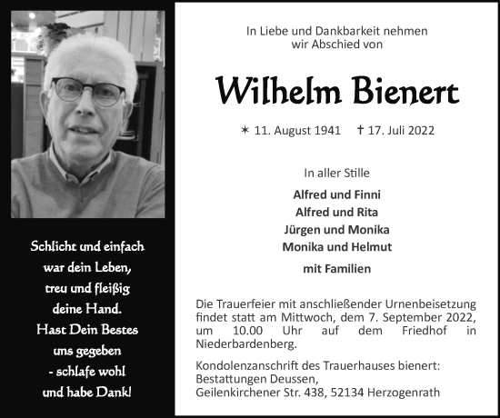 Traueranzeige von Wilhelm  Bienert von Zeitung am Sonntag