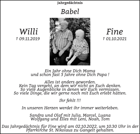 Traueranzeige von Willi Babel von Zeitung am Sonntag