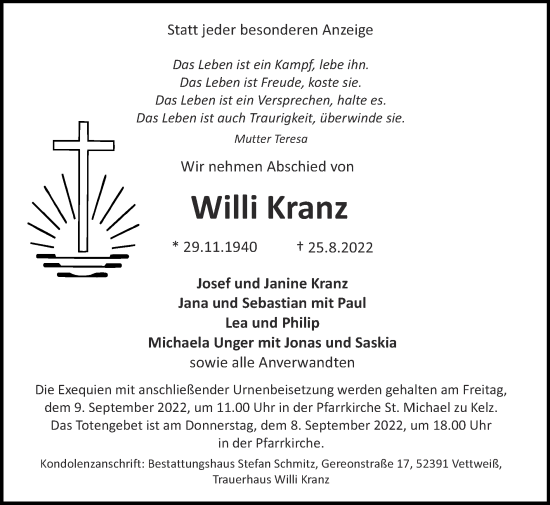 Traueranzeige von Willi Kranz von Zeitung am Sonntag