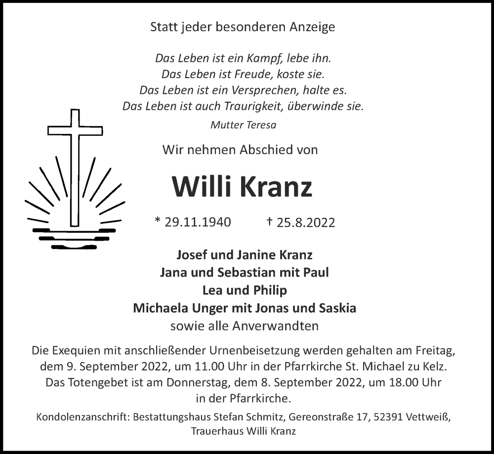  Traueranzeige für Willi Kranz vom 04.09.2022 aus Zeitung am Sonntag