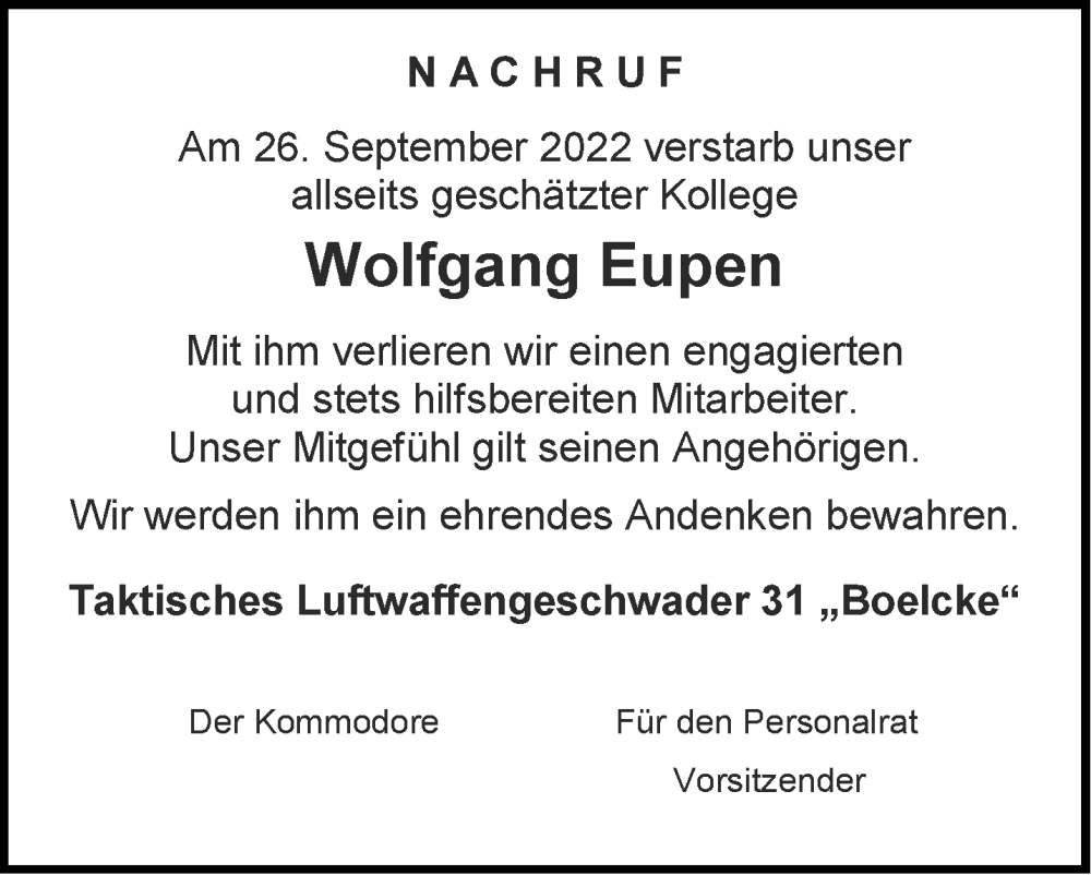  Traueranzeige für Wolfgang Eupen vom 01.10.2022 aus Aachener Zeitung / Aachener Nachrichten