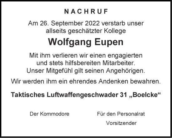 Traueranzeige von Wolfgang Eupen von Aachener Zeitung / Aachener Nachrichten