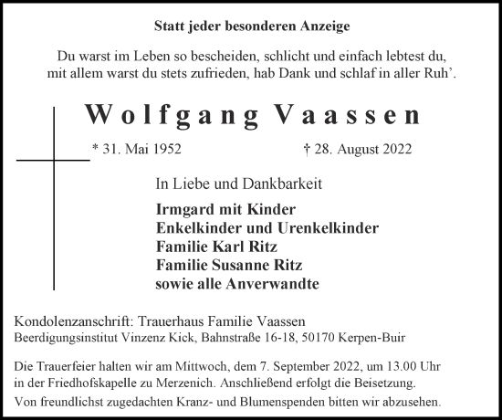 Traueranzeige von Wolfgang Vaassen von Zeitung am Sonntag