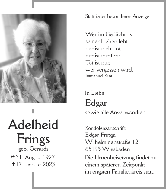 Traueranzeige von Adelheid Frings von Zeitung am Sonntag
