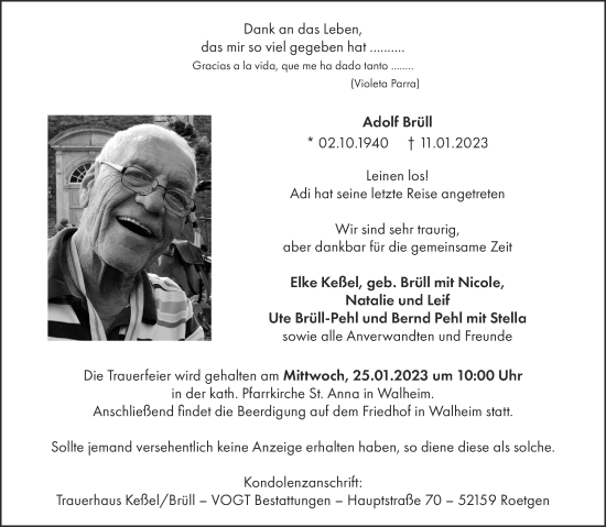 Traueranzeige von Adolf Brüll von Aachener Zeitung / Aachener Nachrichten