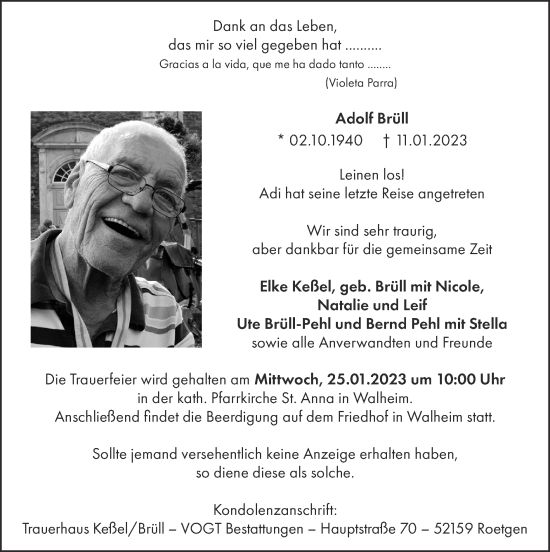 Traueranzeige von Adolf Brüll von Zeitung am Sonntag