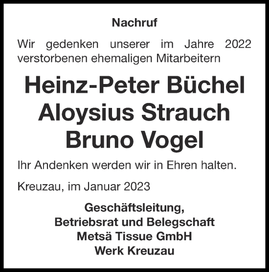 Traueranzeige von Aloysius Strauch von Zeitung am Sonntag