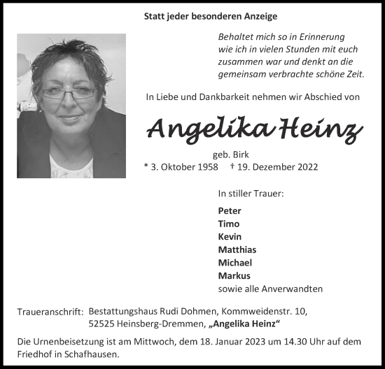 Traueranzeige von Angelika Heinz von Zeitung am Sonntag