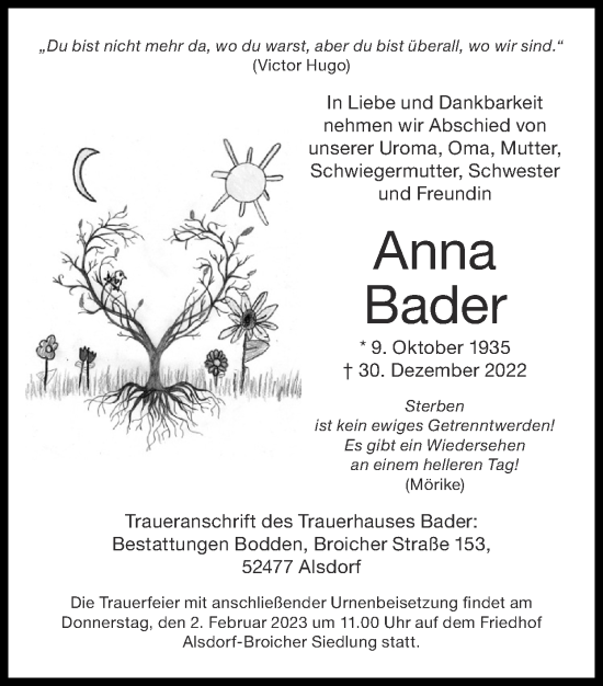 Traueranzeige von Anna Bader von Zeitung am Sonntag
