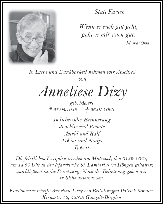 Traueranzeige von Anneliese Dizy von Zeitung am Sonntag