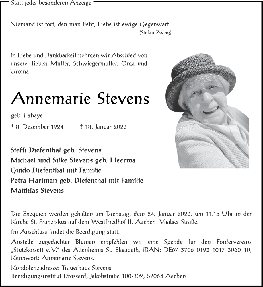  Traueranzeige für Annemarie Stevens vom 21.01.2023 aus Aachener Zeitung / Aachener Nachrichten