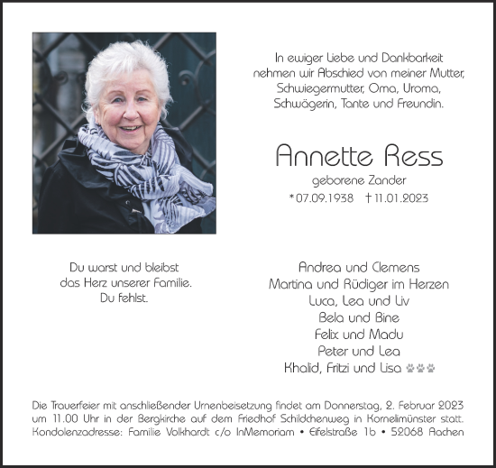 Traueranzeige von Annette Riss von Aachener Zeitung / Aachener Nachrichten