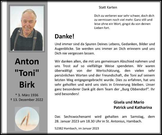Traueranzeige von Anton Birk von Zeitung am Sonntag