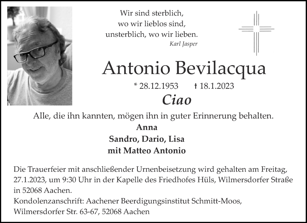  Traueranzeige für Antonio Bevilacqua vom 21.01.2023 aus Aachener Zeitung / Aachener Nachrichten