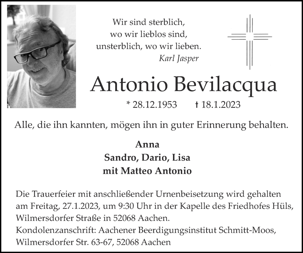 Traueranzeige für Antonio Bevilacqua vom 22.01.2023 aus Zeitung am Sonntag