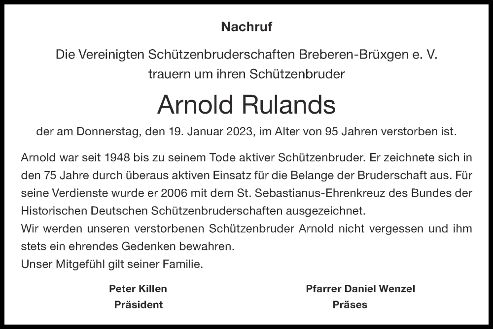  Traueranzeige für Arnold Rulands vom 29.01.2023 aus Zeitung am Sonntag