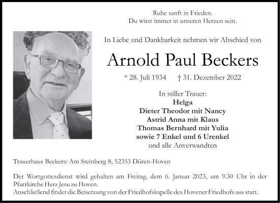 Traueranzeige von Arnold Paul Beckers von Aachener Zeitung / Aachener Nachrichten