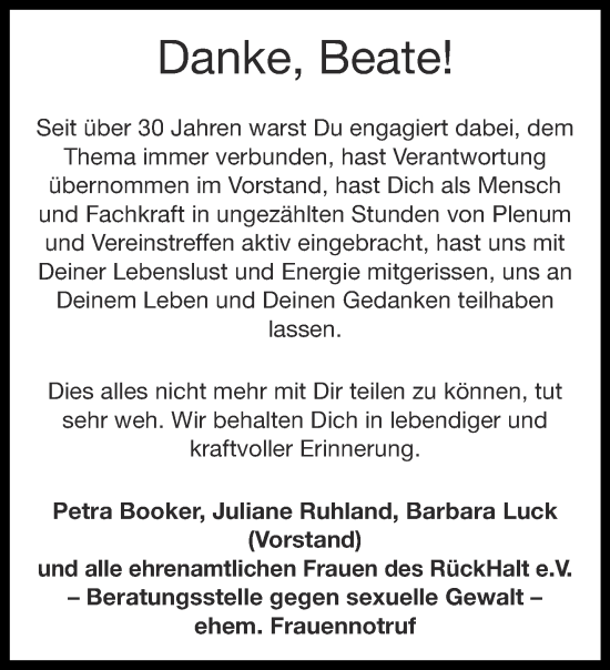 Traueranzeige von Beate  von Aachener Zeitung / Aachener Nachrichten