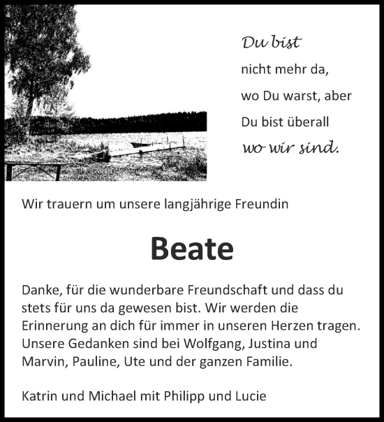 Traueranzeige von Beate  von Aachener Zeitung / Aachener Nachrichten