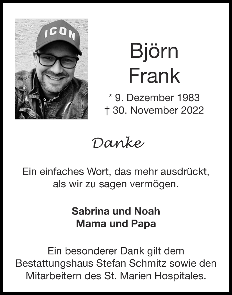  Traueranzeige für Björn Frank vom 08.01.2023 aus Zeitung am Sonntag