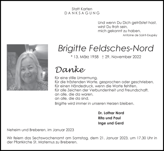 Traueranzeige von Brigitte Feldsches-Nord von Zeitung am Sonntag