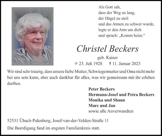 Traueranzeige von Christel Beckers von Zeitung am Sonntag