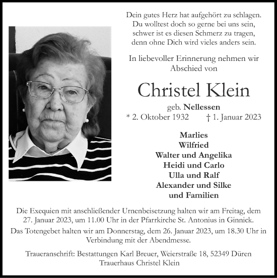Traueranzeige von Christel Klein von Zeitung am Sonntag