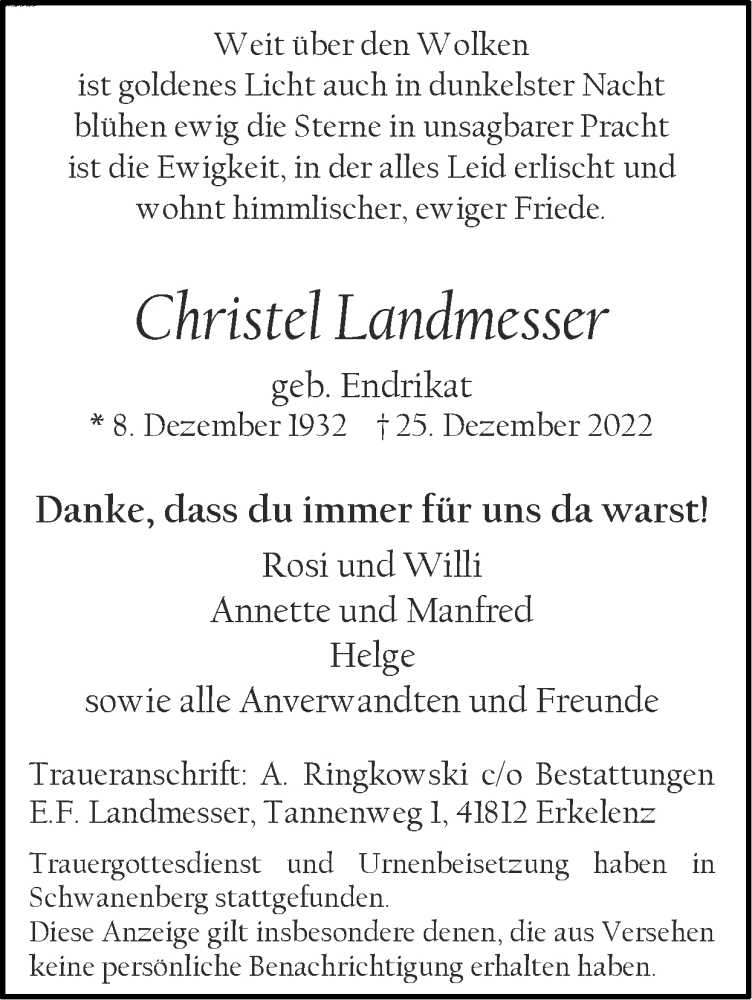  Traueranzeige für Christel Landmesser vom 08.01.2023 aus Zeitung am Sonntag