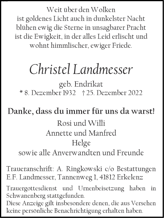 Traueranzeige von Christel Landmesser von Zeitung am Sonntag