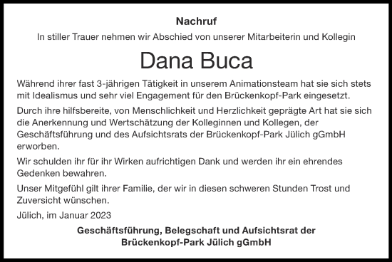 Traueranzeige von Dana Buca von Zeitung am Sonntag