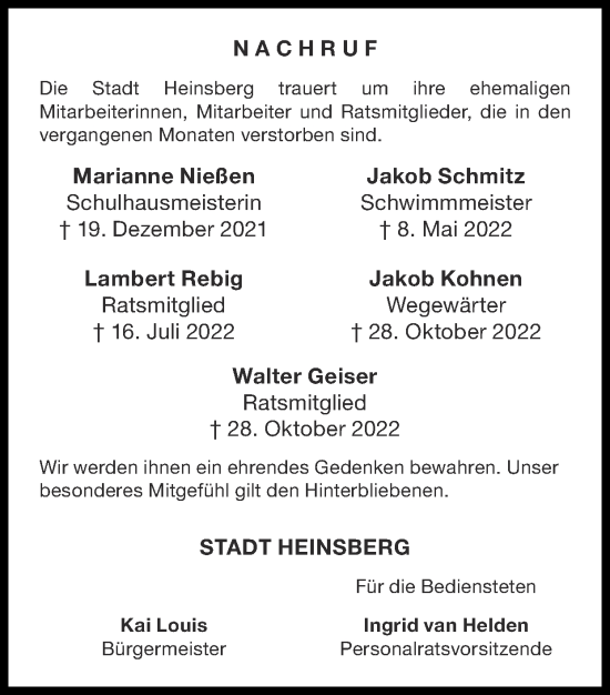 Traueranzeige von Die Stadt Heinsberg trauert um ihre ehemaligen Mitarbeiterinnen, Mitarbeiter und Ratsmitglieder, die in den vergangenen Monaten verstorben sind  von Zeitung am Sonntag