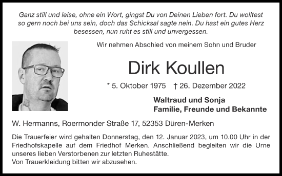 Traueranzeige von Dirk Koullen von Zeitung am Sonntag