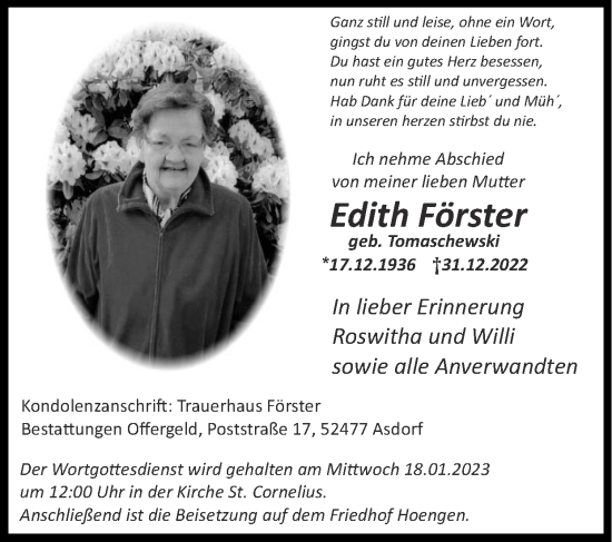 Traueranzeige von Edith Förster von Zeitung am Sonntag