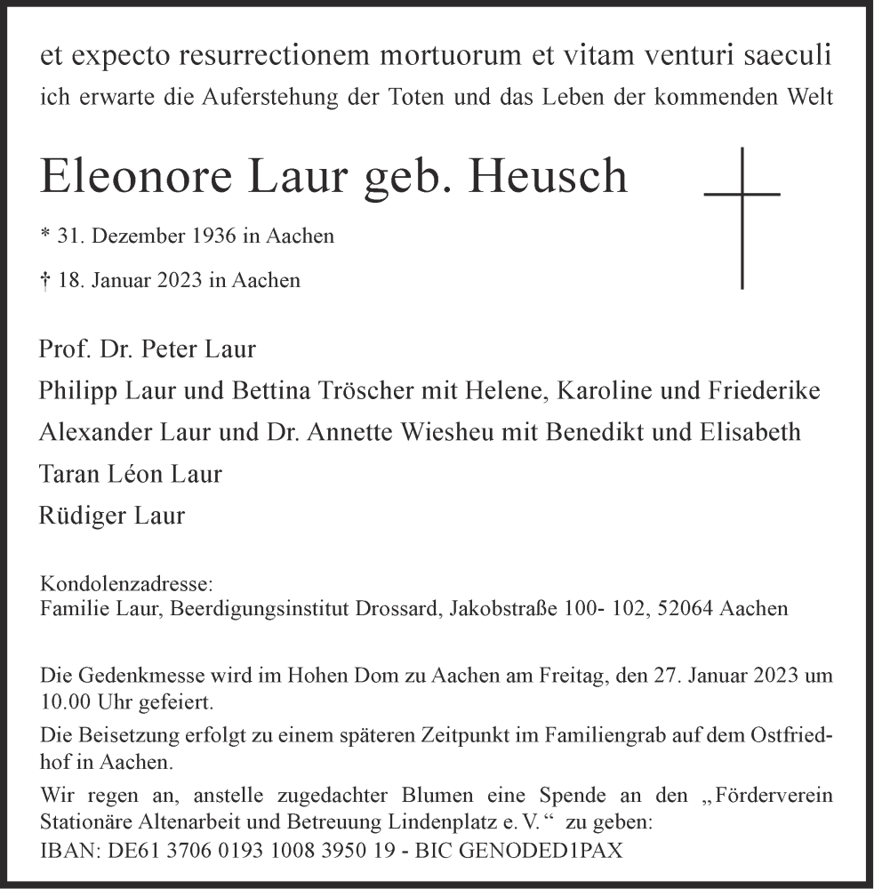  Traueranzeige für Eleonore Laur vom 21.01.2023 aus Aachener Zeitung / Aachener Nachrichten