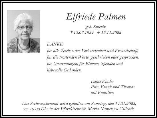 Traueranzeige von Elfriede Palmen von Zeitung am Sonntag