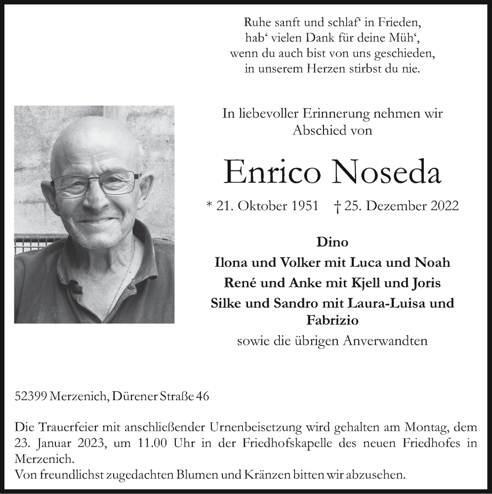  Traueranzeige für Enrico Noseda vom 15.01.2023 aus Zeitung am Sonntag
