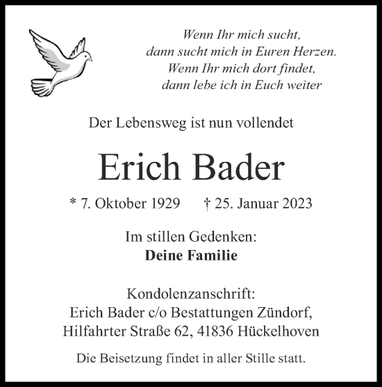 Traueranzeige von Erich Bader von Zeitung am Sonntag