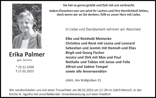 Traueranzeige von Erika Palmer von Zeitung am Sonntag