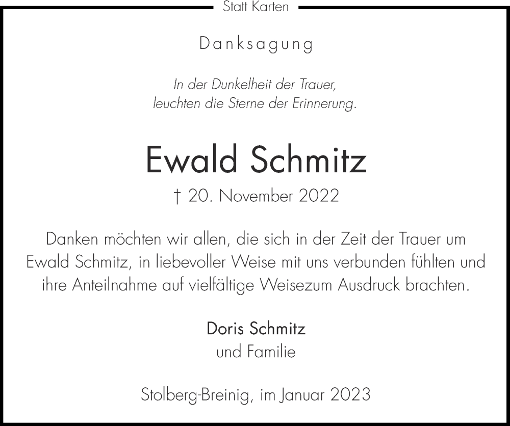  Traueranzeige für Ewald Schmitz vom 15.01.2023 aus Zeitung am Sonntag