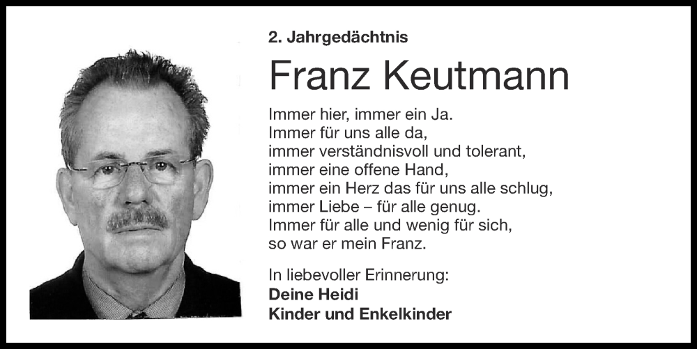  Traueranzeige für Franz Keutmann vom 29.01.2023 aus Zeitung am Sonntag