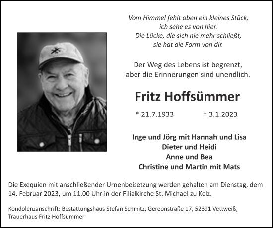 Traueranzeige von Fritz Hoffsümmer von Zeitung am Sonntag