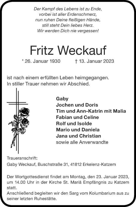 Traueranzeige von Fritz Weckauf von Zeitung am Sonntag