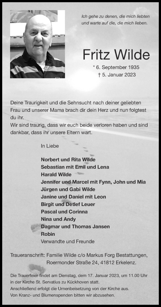 Traueranzeige von Fritz Wilde von Zeitung am Sonntag