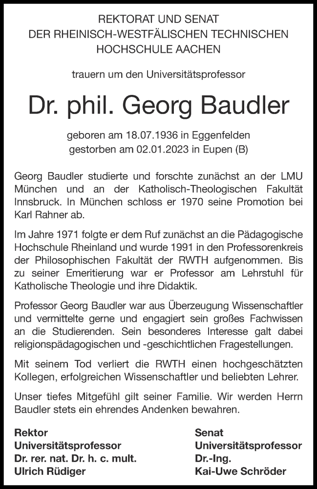  Traueranzeige für Georg Baudler vom 28.01.2023 aus Aachener Zeitung / Aachener Nachrichten