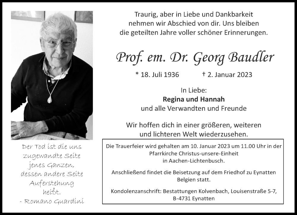  Traueranzeige für Georg Baudler vom 07.01.2023 aus Aachener Zeitung / Aachener Nachrichten